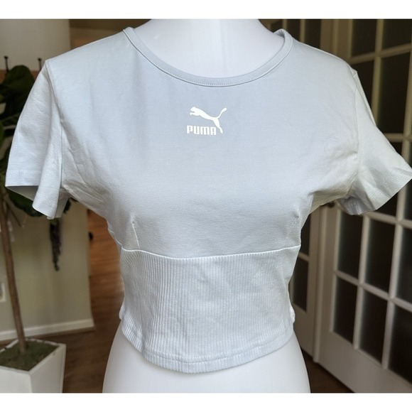 Puma Women's Classic Structured Crop Basic T-shirt Blue Size M - Picture 4 of 11